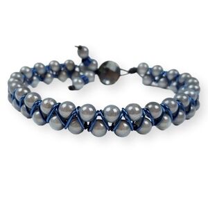 Double Strand Beaded Bracelet Light Gray Blue Ball Bead Wire Accent 8.5" Long